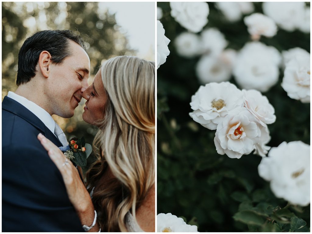 pnw backyard wedding couple kissing white roses