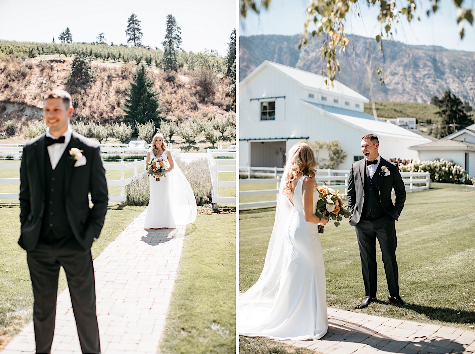Harmony Meadows Wenatchee barn wedding bride and groom first look 