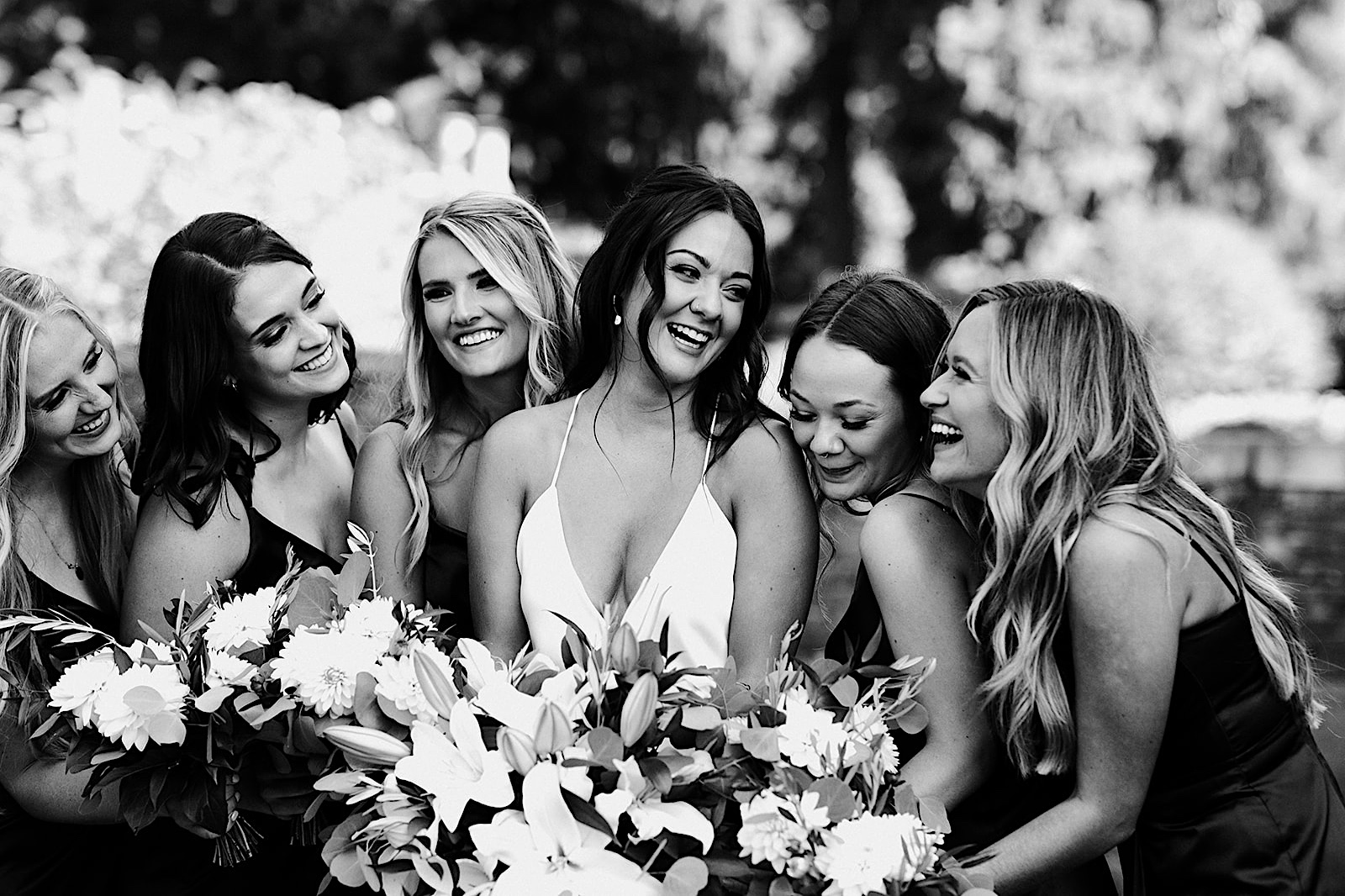 Summer wedding at Thornewood Castle: bride with bridesmaids before ceremony.