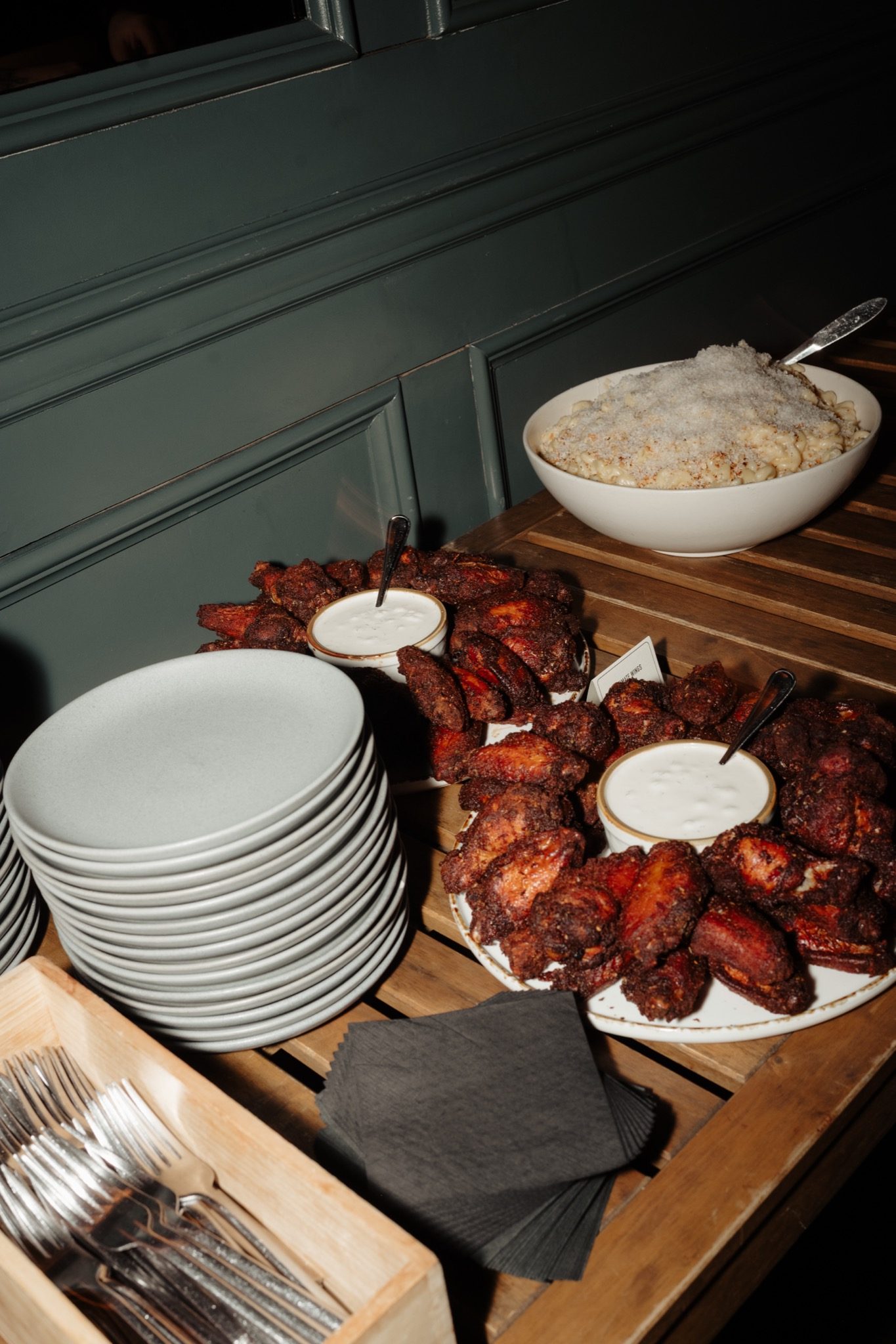 Late-night food spread at the Madeline's after party in Greenpoint, Brooklyn NYC | New York wedding photographer Tonie Christine