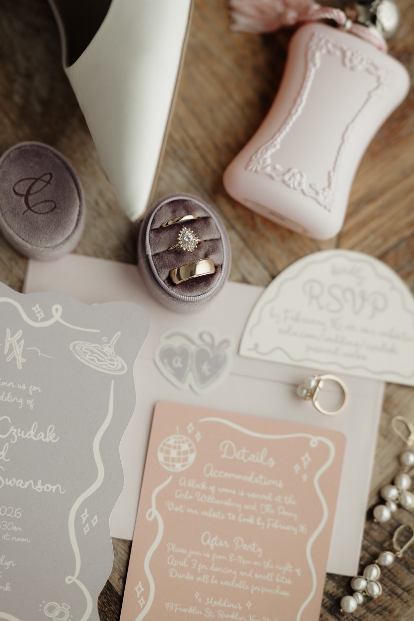 Wedding invitation suite, ring box and details for an Aurora Brooklyn wedding in NYC | New York wedding photographer Tonie Christine